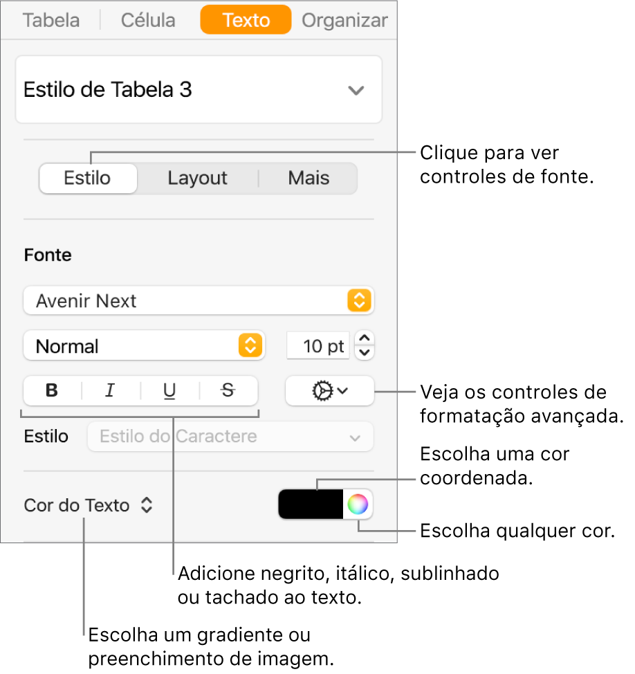 Controles para estilizar o texto da tabela.