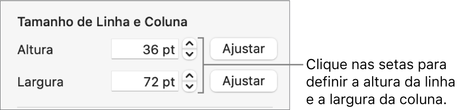 Controles para definir um tamanho exato de linha ou coluna.