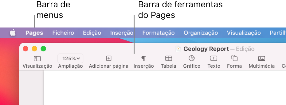 A barra de menus com o menu Apple e o menu Pages no canto superior esquerdo e por baixo do mesmo, a barra de ferramentas do Pages com botões para Visualização e Ampliação no canto superior esquerdo.