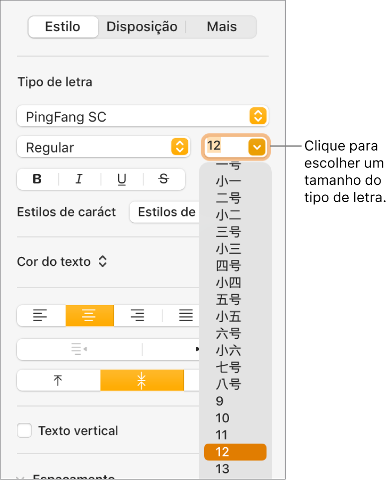A secção Estilo da barra lateral Formato com o menu pop-up do tamanho do tipo de letra aberto. Os tamanhos do tipo de letra padrão do governo da China continental aparecem na parte superior do menu com os tamanhos em pontos abaixo.
