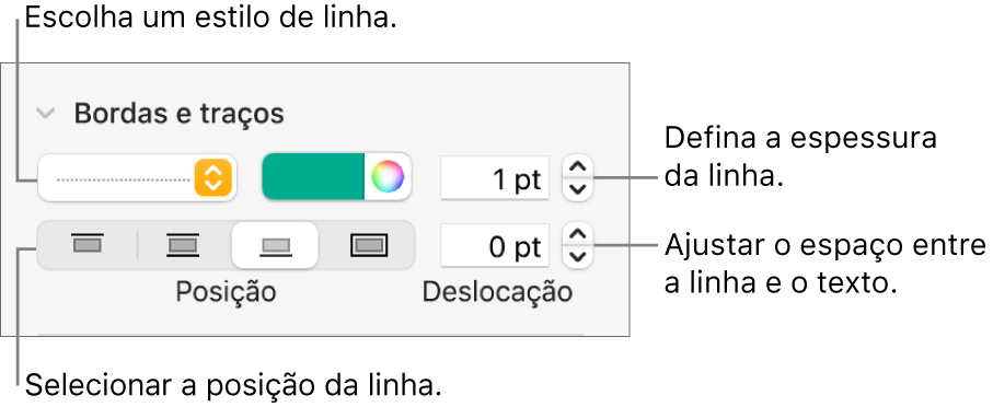 Controlos para alterar o estilo de linha, a espessura, a posição e a cor.