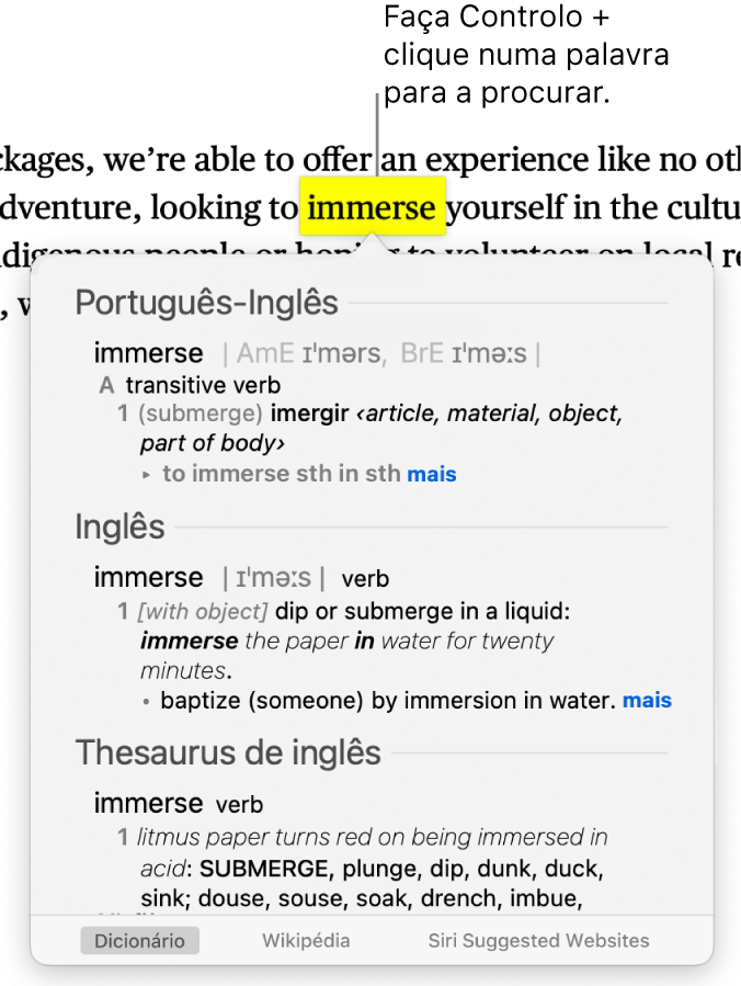 Um parágrafo com uma palavra em destaque e uma janela que mostra a sua definição e uma entrada do dicionário de sinónimos. Os botões na parte inferior da janela fornecem hiperligações para o dicionário, a Wikipédia e os sites sugeridos por Siri.