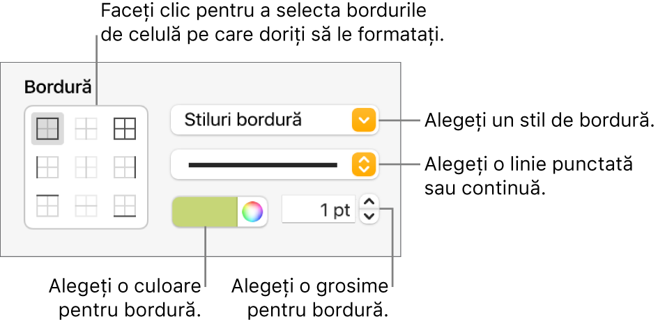 Comenzi pentru stilurile bordurilor de celulă.