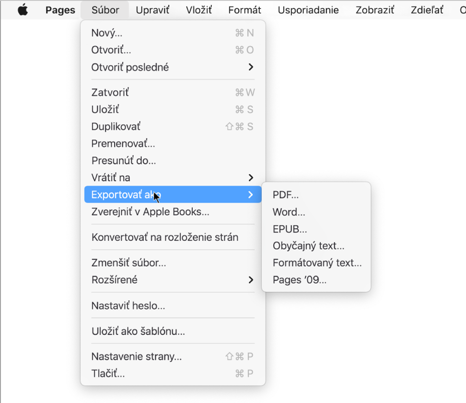 Menu Súbor otvorené s označenou možnosťou Exportovať do a vedľajšie menu zobrazujúce možnosti exportu pre PDF, Word, obyčajný text, formátovaný text, EPUB a Pages '09.