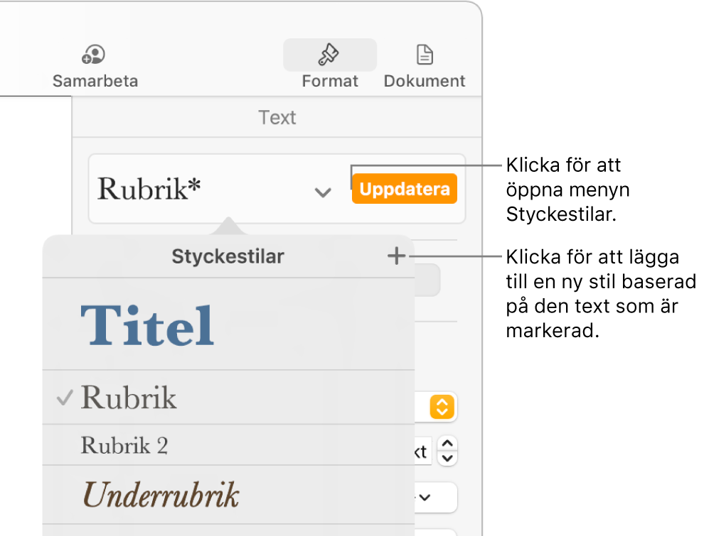 Menyn Styckestilar med reglage för att lägga till eller ändra en stil.