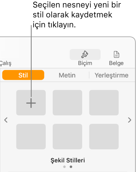 Sol üst köşede Stil Yarat düğmesi ve beş boş stil yer tutucusuyla Biçim kenar çubuğunun Stil sekmesi.