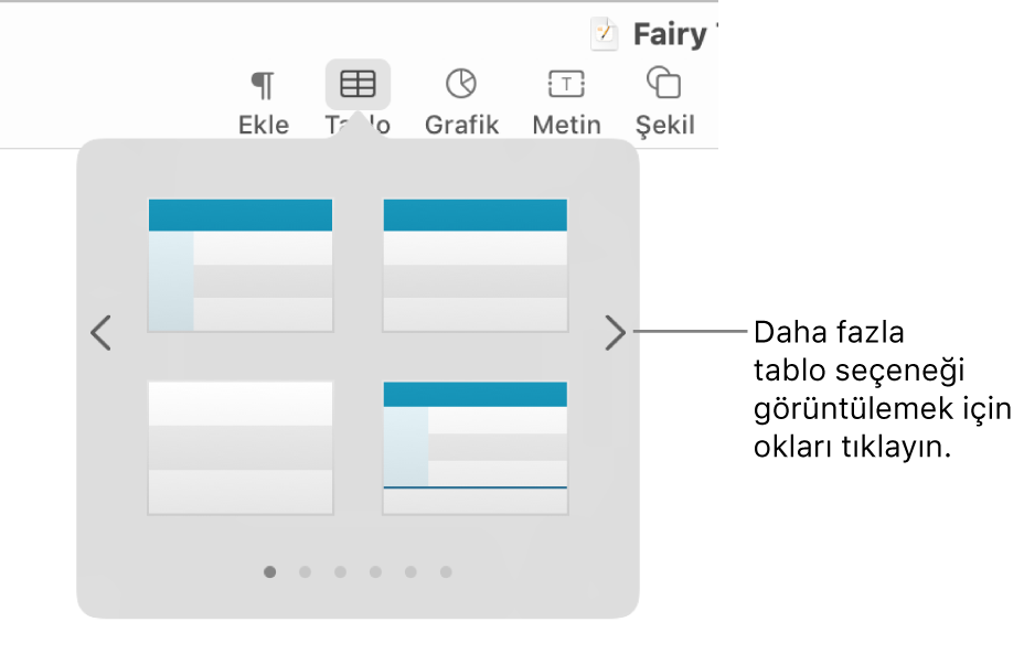 Gezinme okları olan Tablo Ekle menüsü.