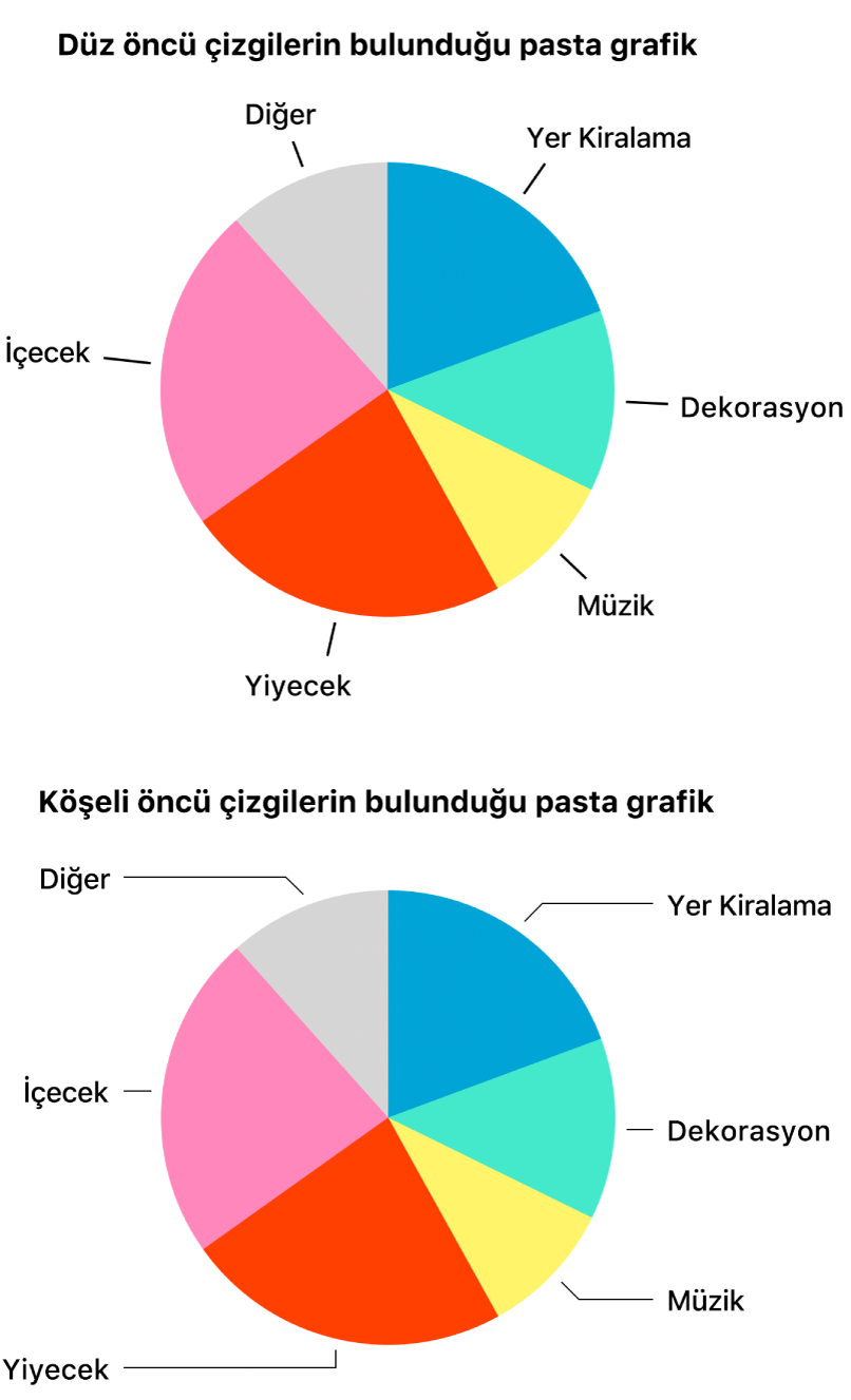 Biri düz diğeri köşeli öncü çizgiye sahip iki pasta grafiği.