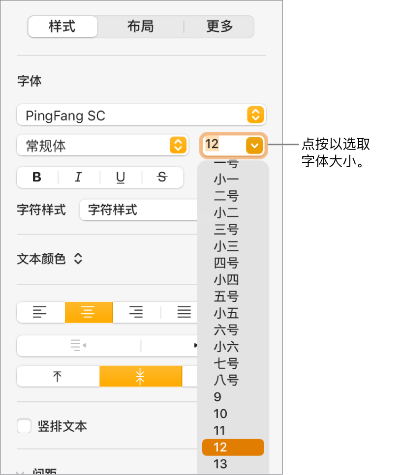 “格式”边栏的“样式”部分,其中字体大小弹出式菜单已打开。中国大陆政府标准字号显示在弹出式菜单顶部,点值位于下方。