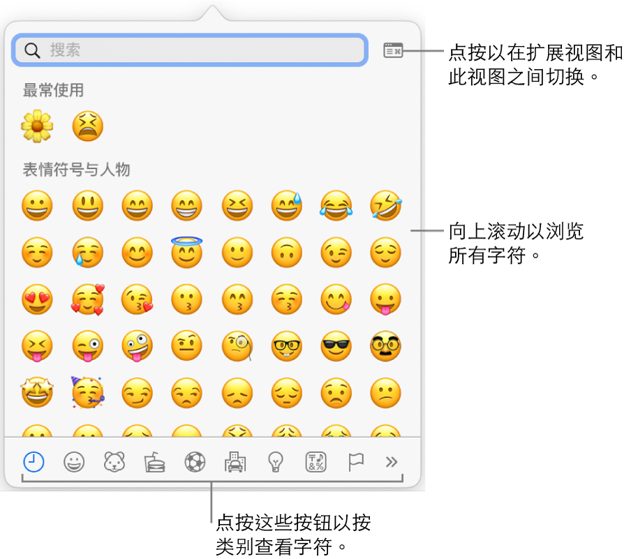 “特殊字符”弹出式窗口,显示表情符号、位于底部的表示各种符号类型的按钮以及用于显示完整“字符”窗口的按钮的标注。
