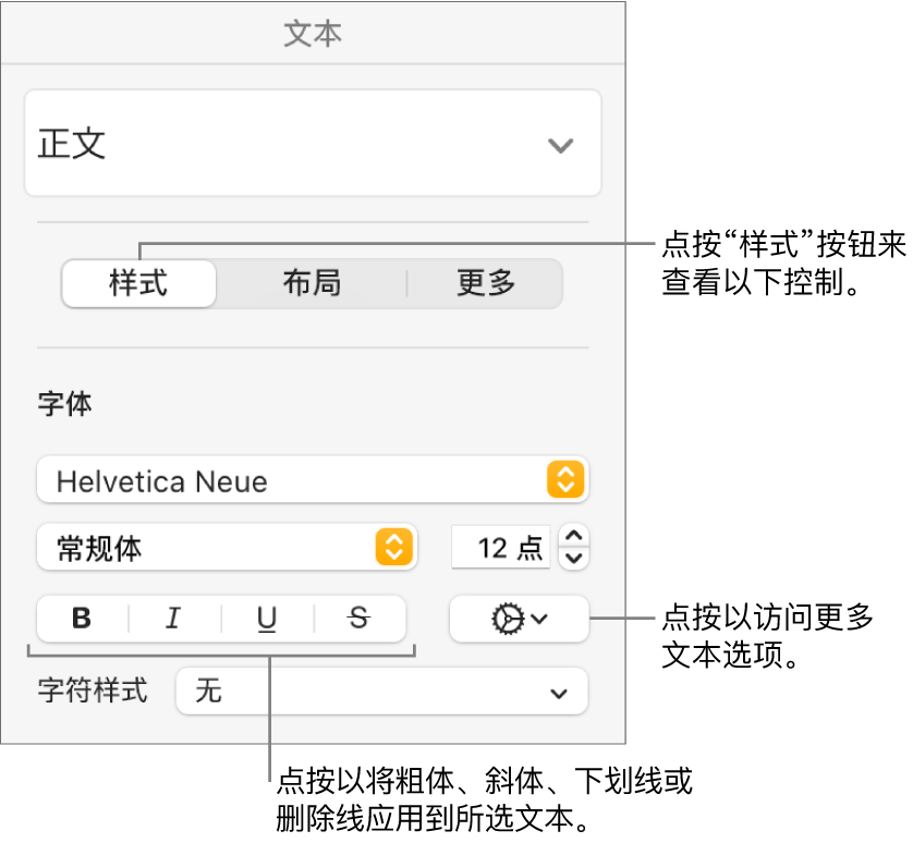 “格式”边栏中的“样式”控制，其中标注指向“粗体”、“斜体”、“下划线”和“删除线”按钮。