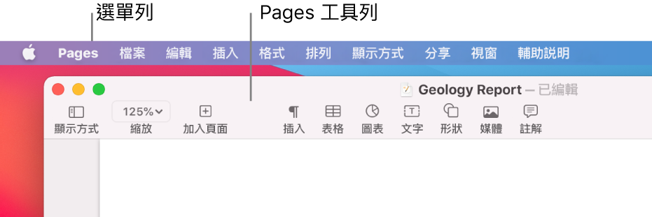螢幕最上方的選單列，其中包括「蘋果」、Pages、「檔案」、「編輯」、「插入」、「格式」、「排列」、「顯示方式」、「分享」、「視窗」和「輔助説明」選單。選單列下方為開啟的 Pages 文件，最上方分別為「顯示方式」、「縮放」、「加入頁面」、「插入」、「表格」、「圖表」、「文字」、「形狀」、「媒體」和「註解」工具列按鈕。