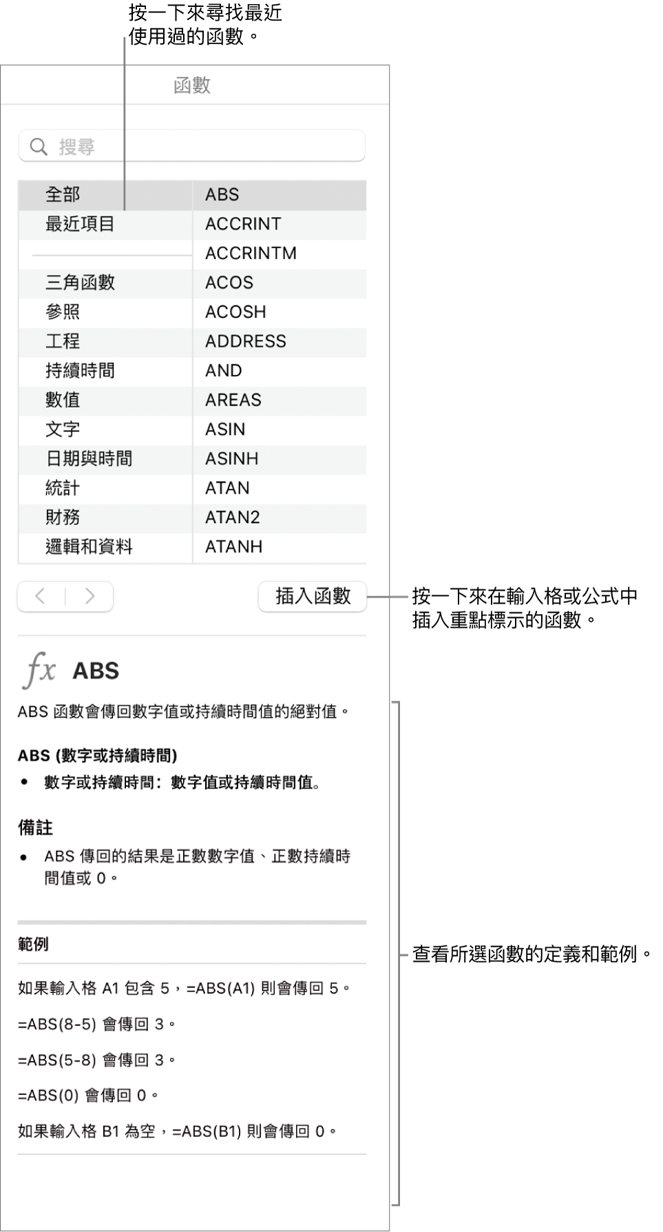 帶有説明文字的「函數瀏覽器」，指出最近使用的函數、「插入函數」按鈕以及函數定義。