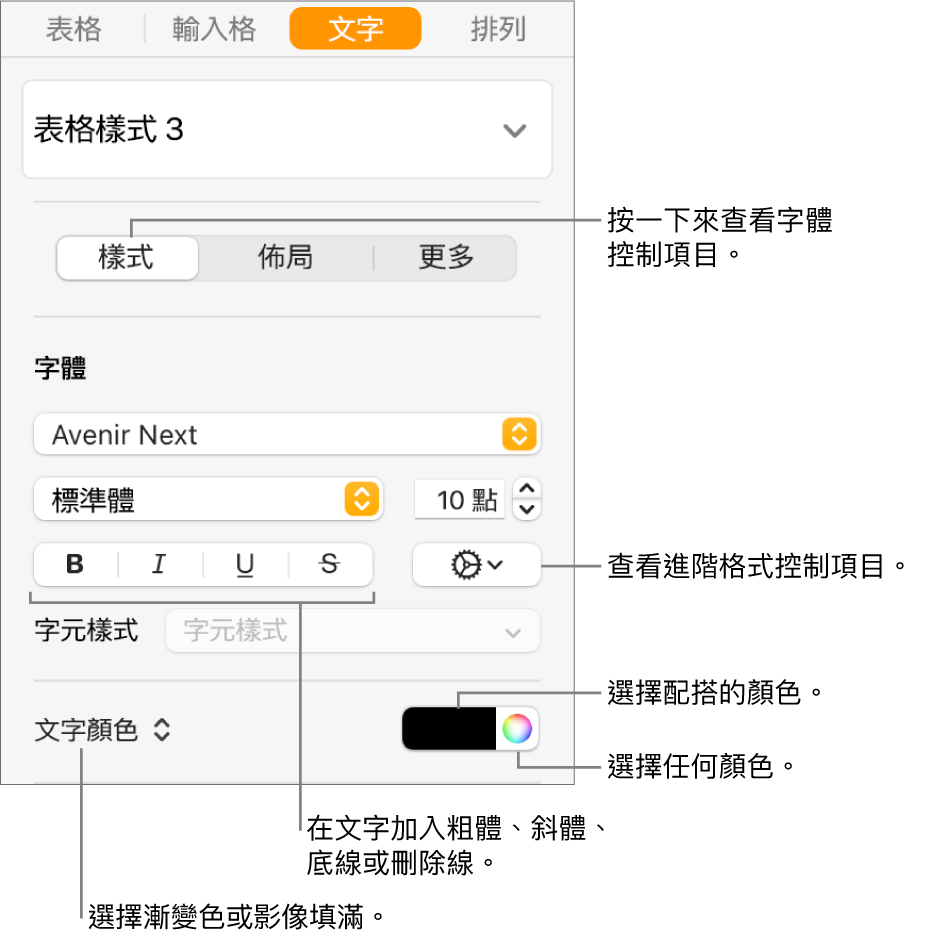 表格文字樣式的控制項目。