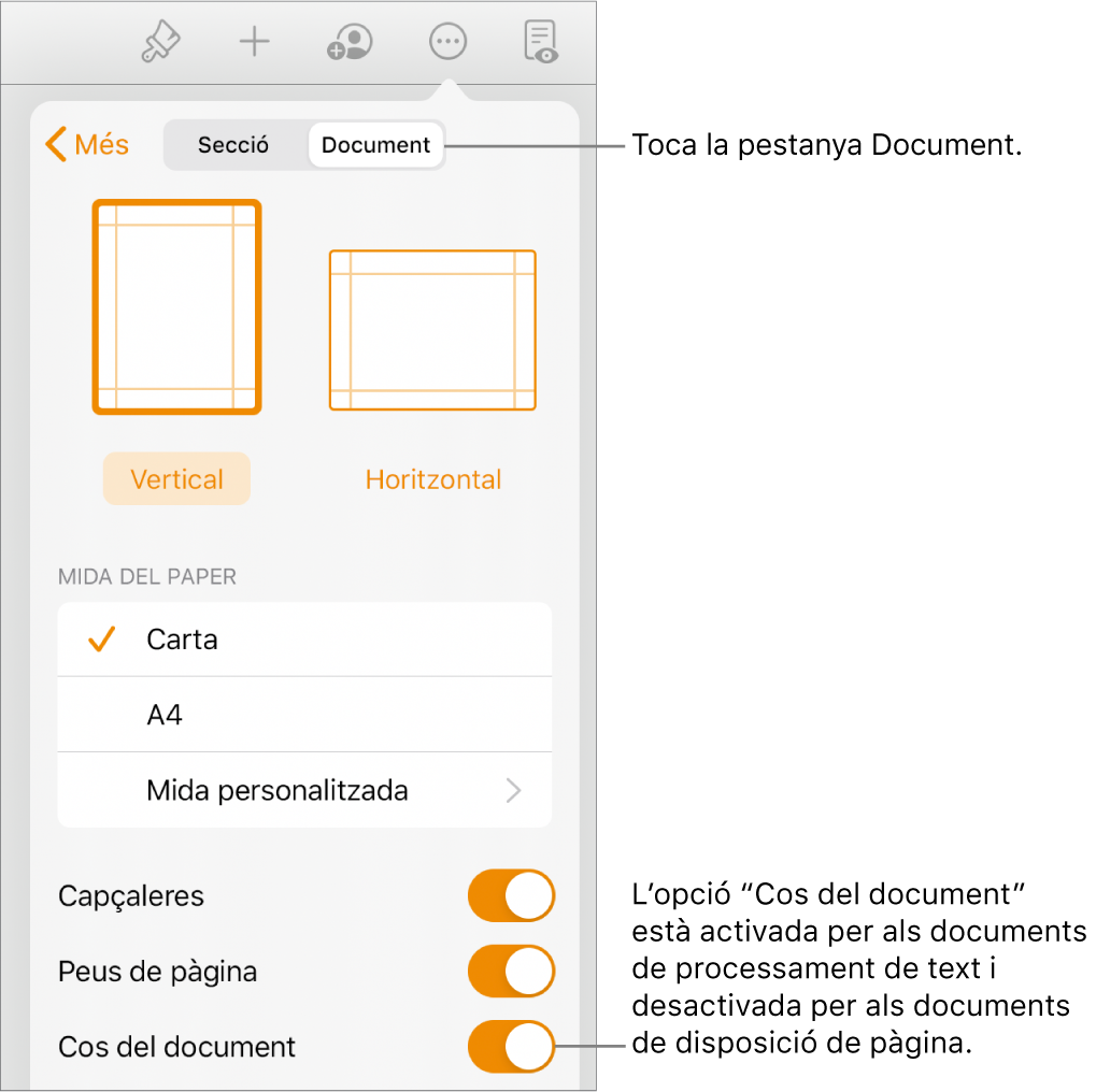 Els controls de “Format del document” amb l’opció “Cos del document” activada cap a la part inferior de la pantalla.