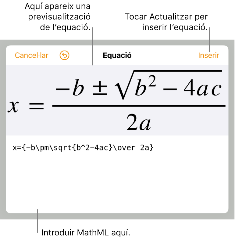 Codi MathML de l’equació del pendent d’una línia i una previsualització de la fórmula al damunt.