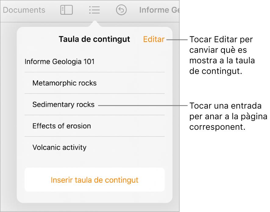 La vista de taula de contingut amb entrades en una llista. El botó Editar a l’angle superior dret de la visualització.