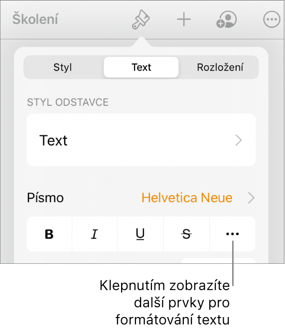 Panel Text v ovládacích prvcích formátování; popiskem je označeno tlačítko Další textové volby
