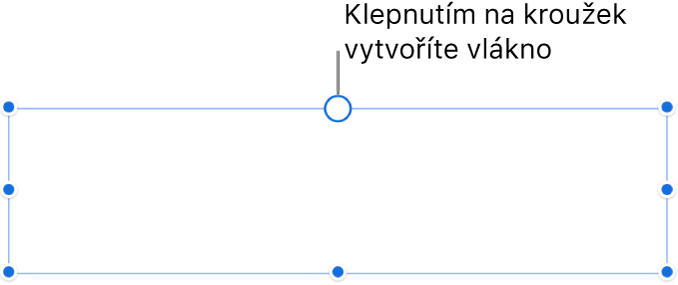 Prázdný textový rámeček s bílým kroužkem v horní části a úchyty pro nastavení velikosti v rozích, na stranách a ve spodní části