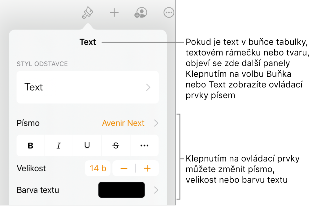 Ovládací prvky pro text v nabídce Formát pro nastavení stylů, písma, velikosti a barvy odstavce a znaků