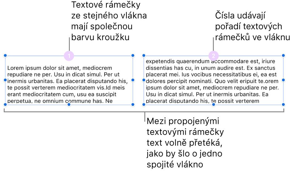 Dva textové rámečky s fialovými kroužky v horní části a čísly 1 a 2 v kroužcích