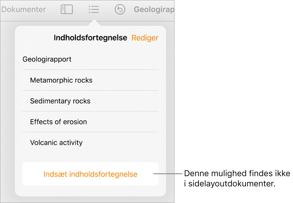 Oversigten med indholdsfortegnelsen med Rediger øverst til højre, indholdsfortegnelsens punkter og knappen Indsæt indholdsfortegnelse nederst.