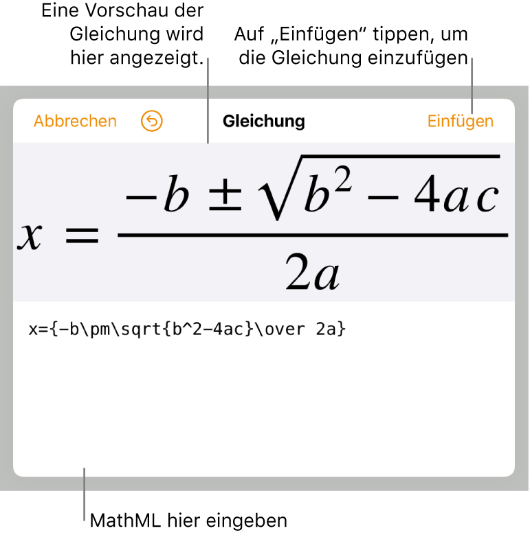 MathML-Code für die Gleichung der Steigung einer Linie und einer Vorschau der Formal darüber.