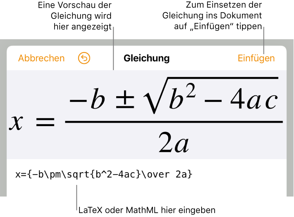Im Dialogfenster „Gleichung bearbeiten“ wird die quadratische Formel angezeigt, die mit LaTeX-Befehlen geschrieben wurde, darüber wird eine Vorschau der Formel angezeigt.