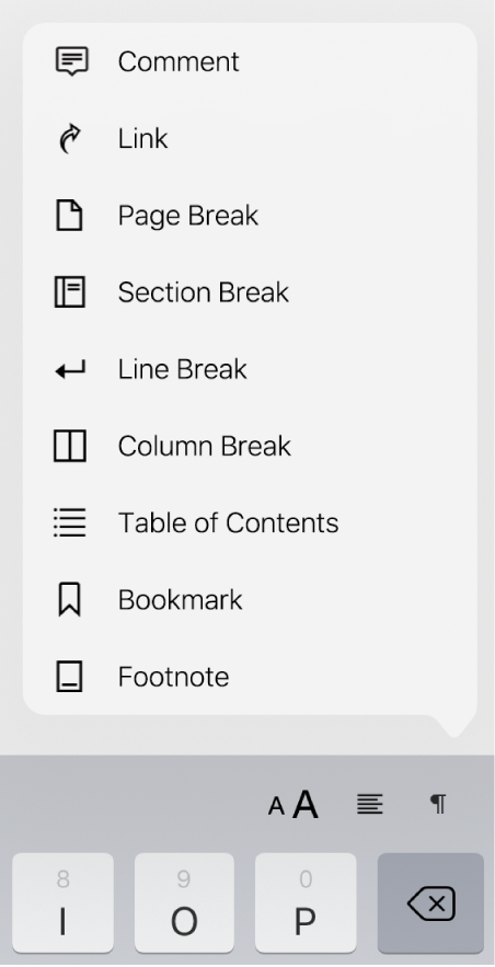 The shortcut bar with the Insert controls open above the Insert button.