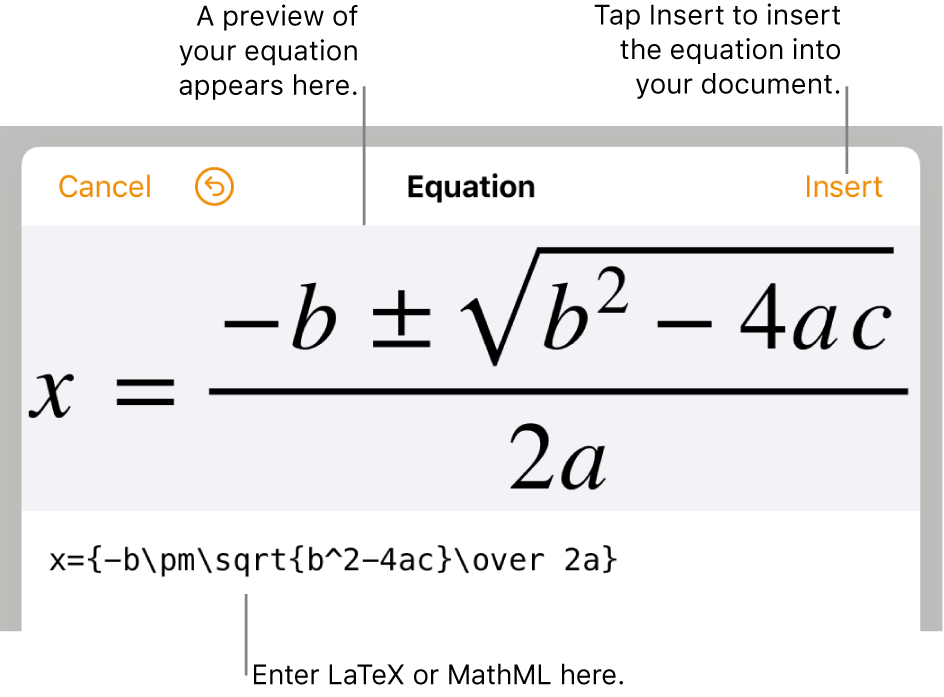 The equation editing dialogue, showing the quadratic formula written using LaTeX commands, and a preview of the formula above it.