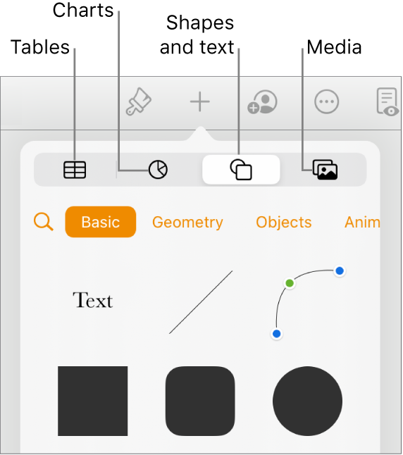 The controls for adding an object, with buttons at the top to choose tables, charts, shapes (including lines and text boxes), and media.