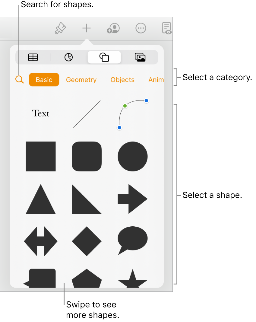 The shapes library, with categories at the top and shapes displayed below. You can use the search button at the top to find shapes and swipe to see more.
