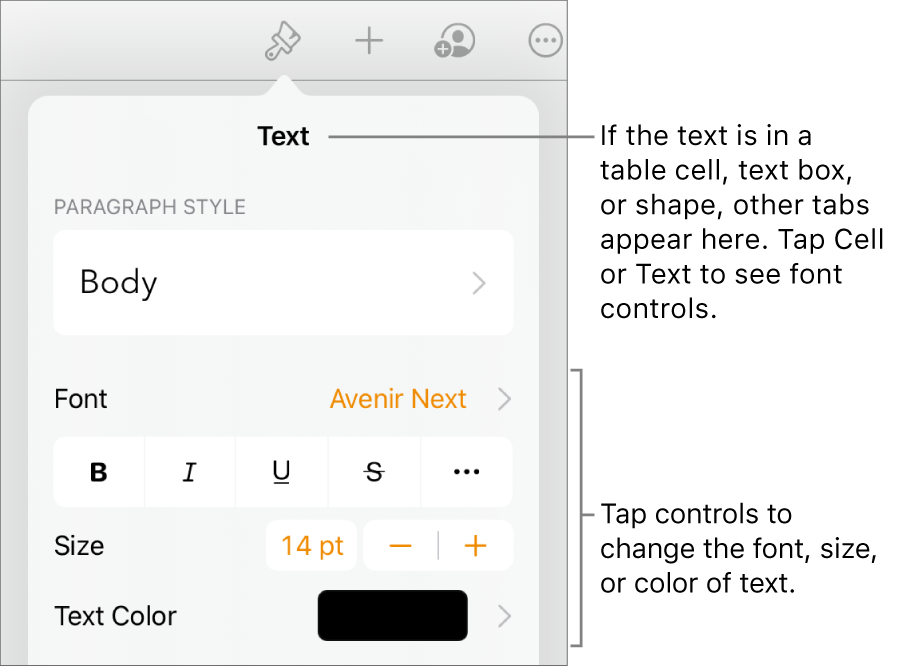 Text controls in the Format menu for setting paragraph and character styles, font, size, and color.