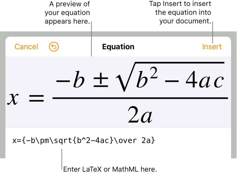 The equation editing dialog, showing the quadratic formula written using LaTeX commands, and a preview of the formula above it.