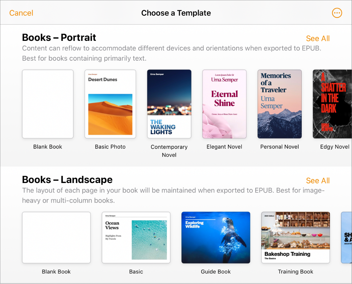 The template chooser with book templates in portrait orientation at the top and landscape orientation below.