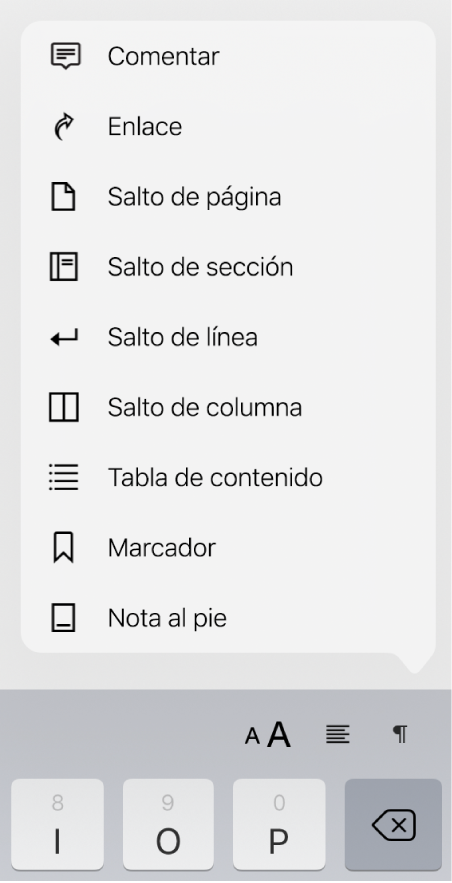 La barra de funciones rápidas con los controles Insertar abiertos, arriba del botón Insertar.