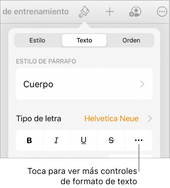 La pestaña Texto de los controles de formato, con un mensaje en el botón “Más opciones de texto”.