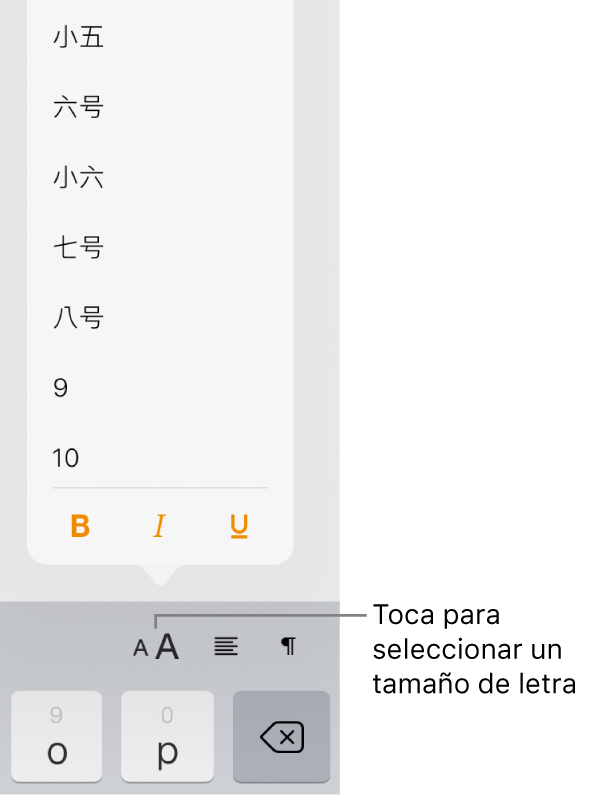 El botón “Tamaño de letra” del lado derecho del teclado del iPad con el menú “Tamaño de letra” abierto. Los tamaños de letra estándar del gobierno chino aparecen al principio del menú, arriba de los tamaños de punto.