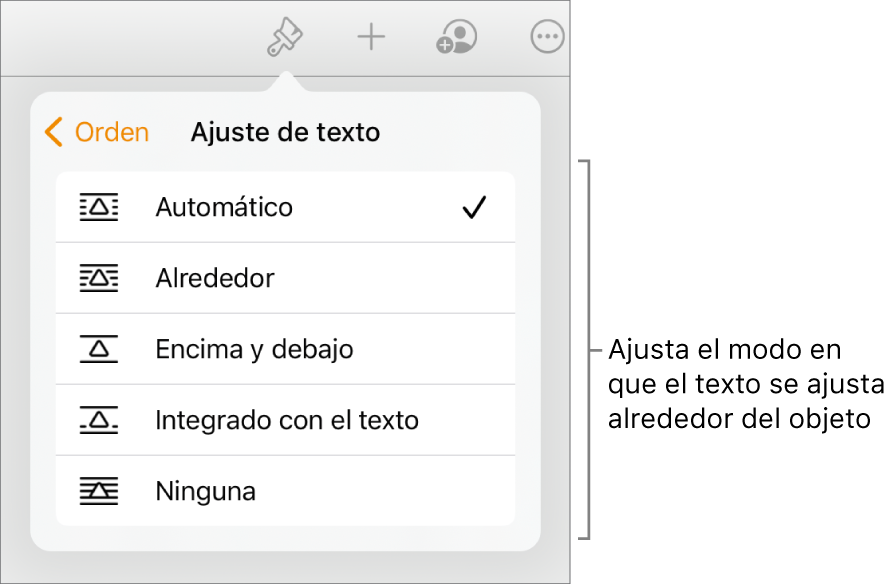 Los controles de formato con la pestaña Orden seleccionada. Debajo están los controles “Ajuste de texto” con las opciones “Mover al fondo/al frente”, “Mover con texto” y “Ajuste de texto”.