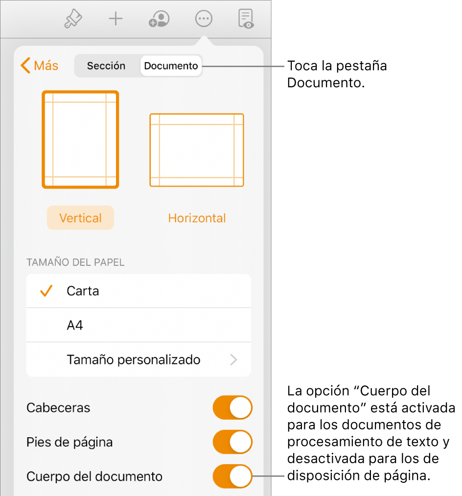 Los controles de formato del documento, teniendo seleccionada la opción “Cuerpo del documento” de cerca de la parte inferior de la pantalla.
