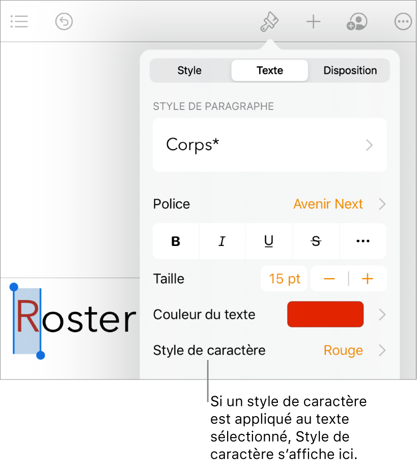 Commandes de mise en forme du texte avec Style de caractère sous les commandes de couleur de texte.