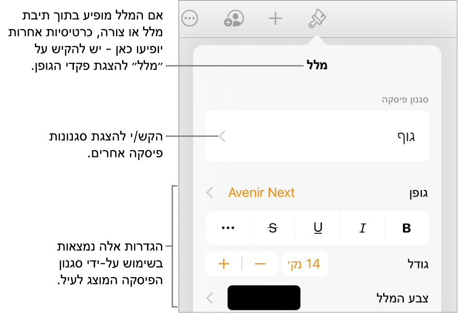 תפריט ״עיצוב״ עם כלי בקרה של מלל להגדרת סגנונות, גופן, גודל וצבע עבור פיסקאות ותווים.
