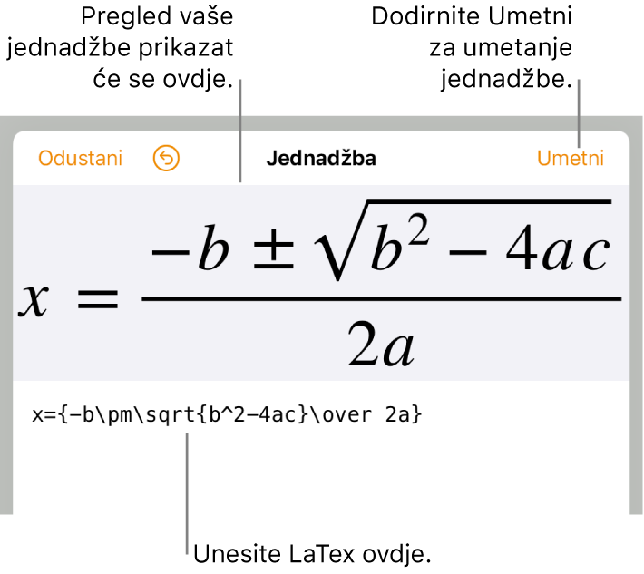 Kvadratna formula napisana pomoću LaTeXa u polju jednadžbe i pregled jednadžbe u nastavku.