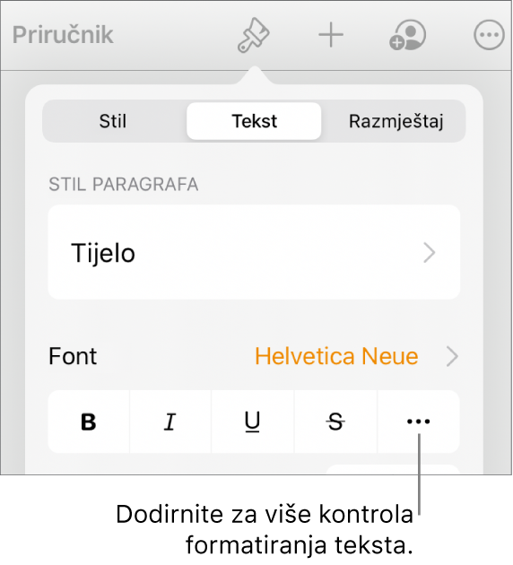 Kartica Tekst u kontrolama formatiranja, s oblačićem na tipku Dodatne opcije teksta.