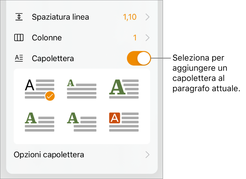 I controlli Capolettera situati nella parte inferiore del menu Testo.