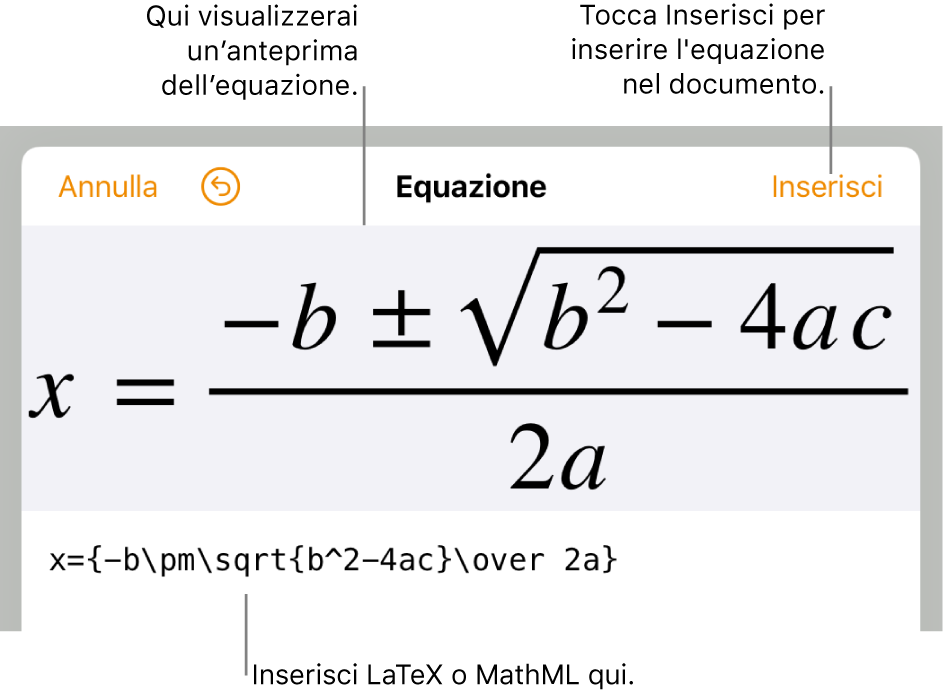 La finestra di modifica dell'equazione che mostra la formula quadratica scritta tramite comandi LaTeX e un'anteprima della formula sopra.