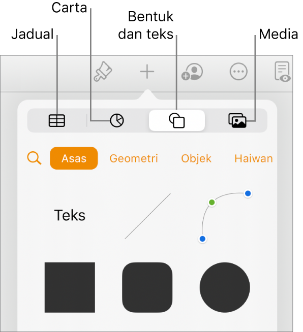 Kawalan Masukkan dibuka dengan butang untuk menambah jadual, carta, teks, bentuk dan media di bahagian atas.