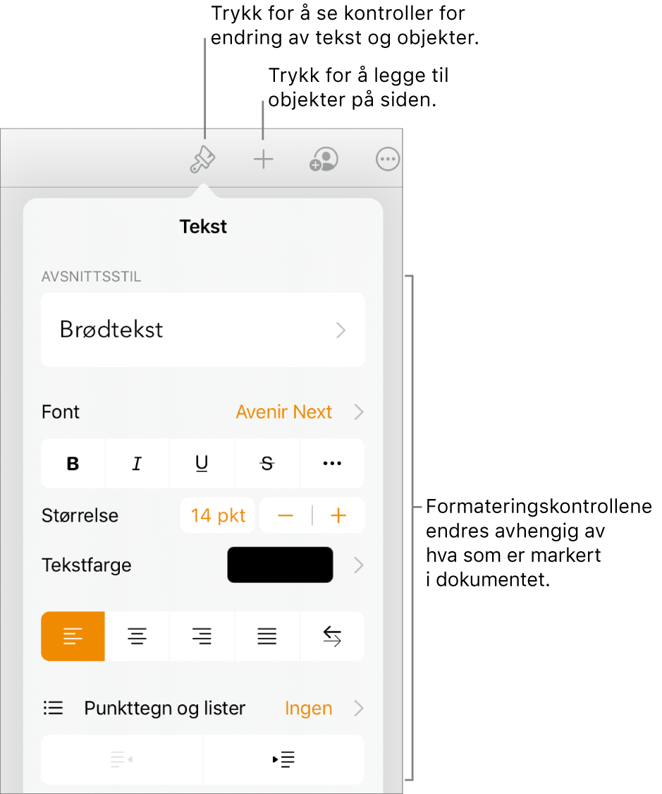 Format-kontrollene er åpne og viser kontroller for å endre avsnittsstil, endre fonter og formatere fontavstand. Bildeforklaringer øverst peker ut Format-knappen i verktøylinjen, og til høyre vises Sett inn-knappen for å legge til objekter på siden.