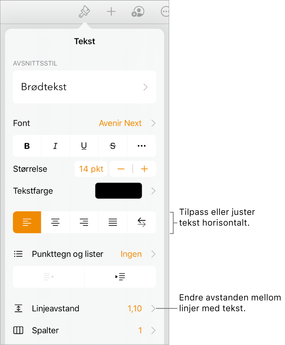 Knappen for Format-kontroller med Tekst-fanen markert og bildeforklaringer til tekstjusteringsknappene og Linjeavstand-menyobjektet.