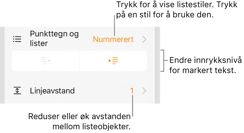 Format-kontrollene, med bildeforklaringer til Punkttegn og lister-menyen, innrykksknappene og linjeavstandkontrollene.